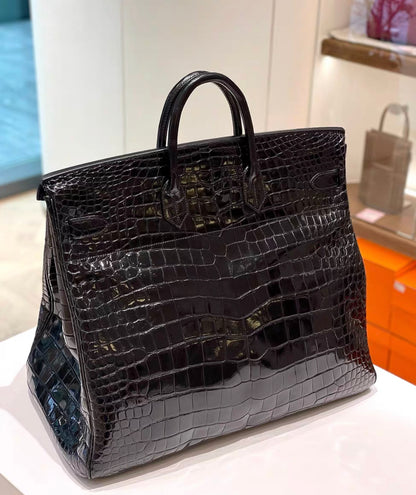 Hermès 50cm Birkin Black Shiny Porosus Crocodile Palladium Hardware