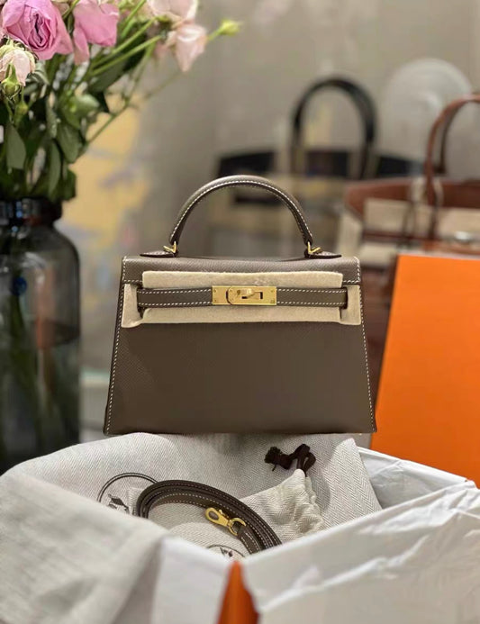 Hermes Mini Kelly Etoupe Epsom Leather Gold Hardware