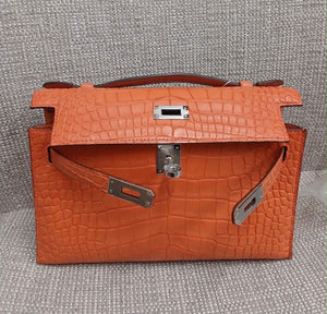 Hermes Kelly Pochette Orange Poppy Matte Alligator Palladium hardware