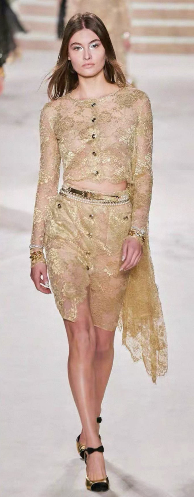 Chanel 20A Beige & Gold Lace Blouse