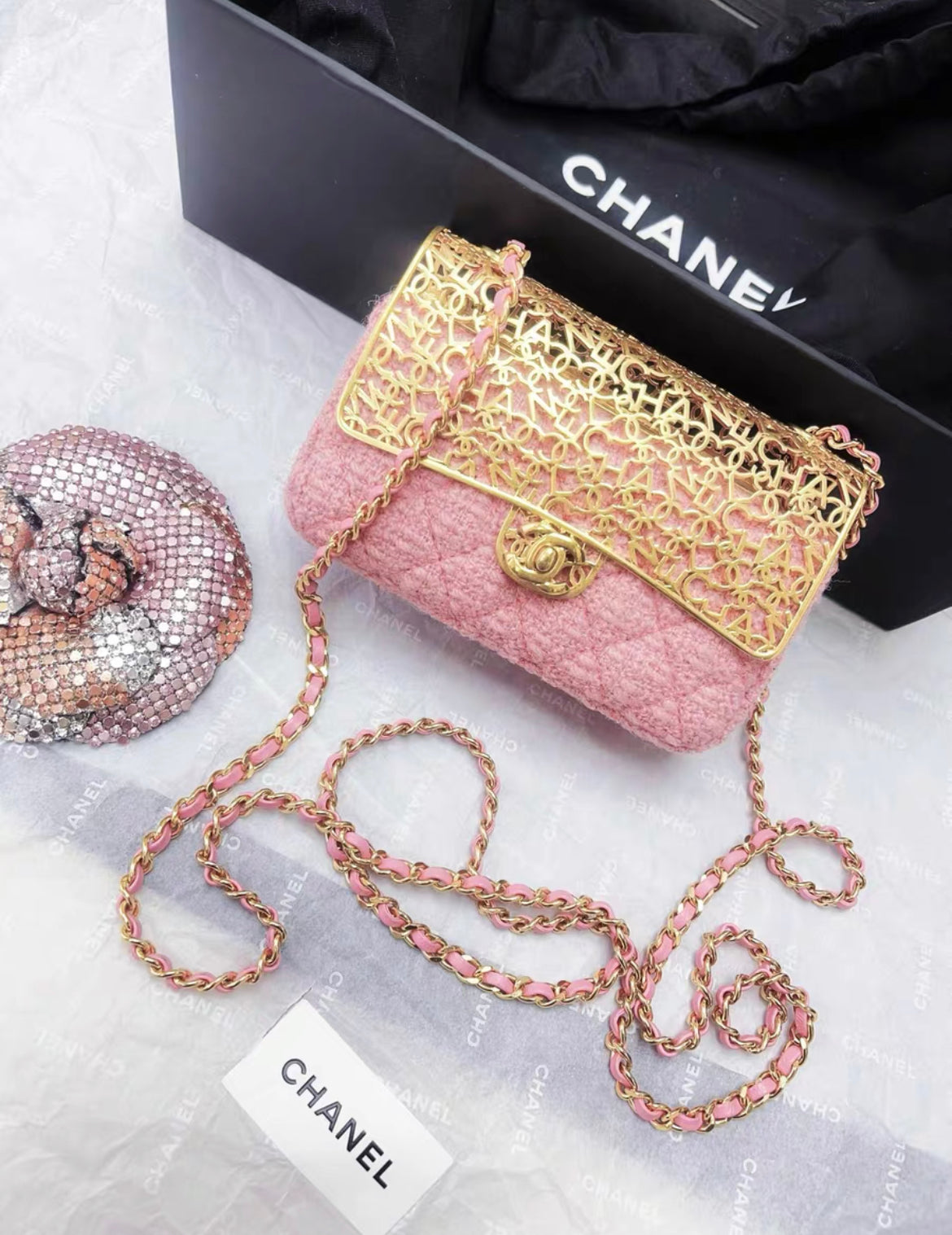 CHANEL 22K Gold Metal Pink Tweed Logo CC Minaudiere Flap Bag