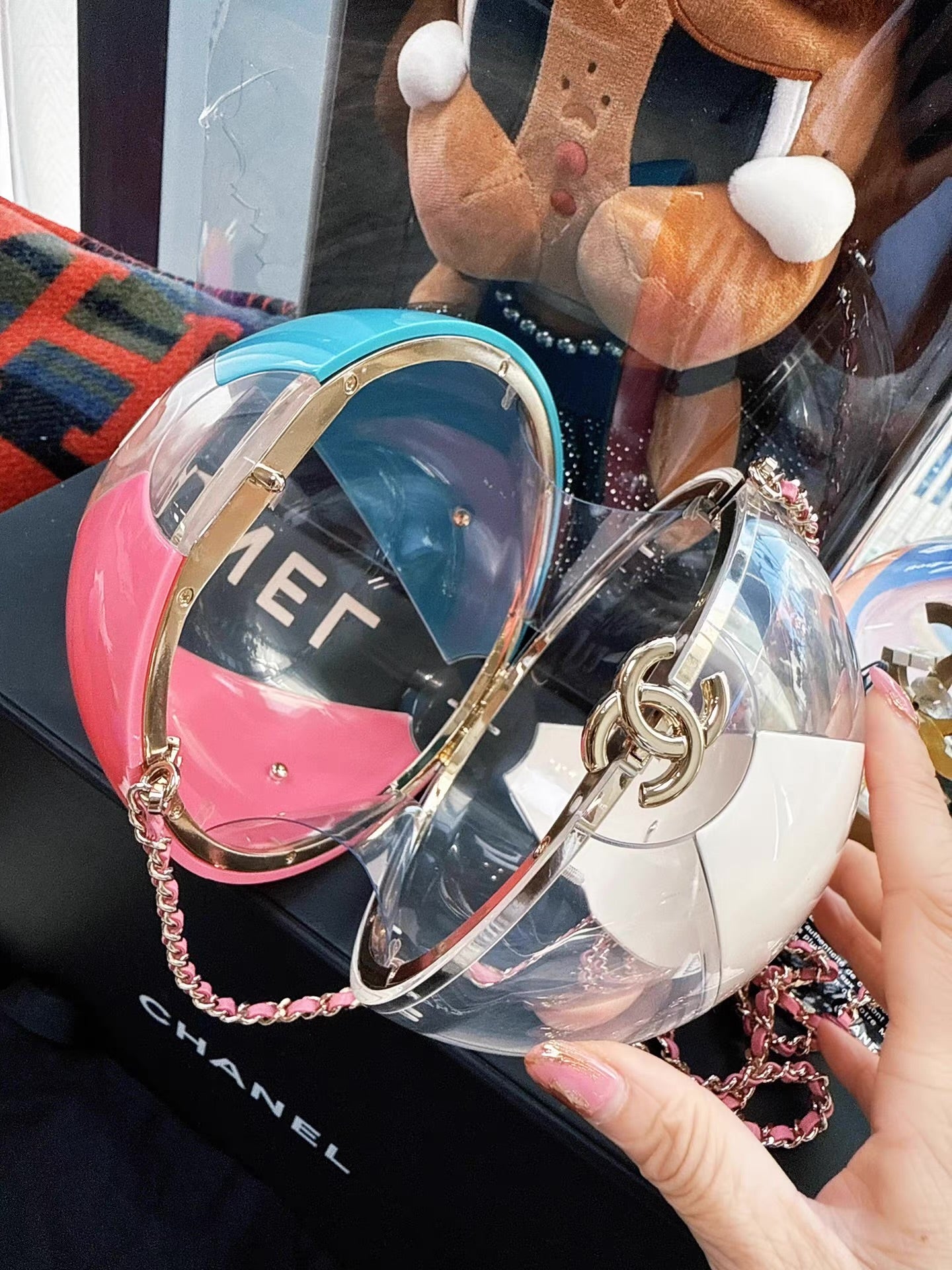 Chanel 2019 Pink, Clear and Blue Resin Coco Beach Ball Minaudière Light Gold Hardware
