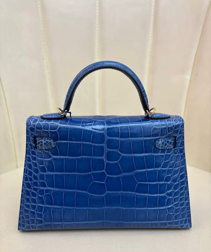 Hermes Mini Kelly 20 Blue Zellige Shiny crocodile leather gold hardware