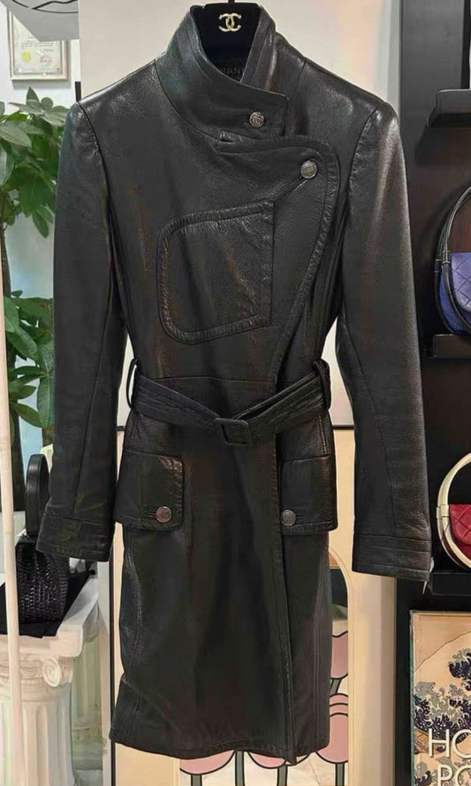 Chanel 97A black leather coat with belt