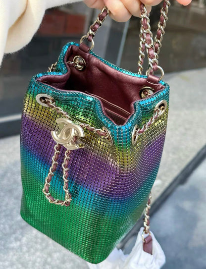 CHANEL MINI BUCKET BAG Faded Metallic Mesh & Gold-Tone Metal Multicolor