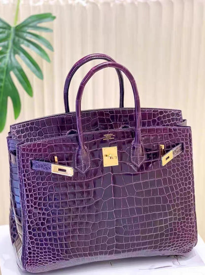 Hermes Birkin 35 Amethyst Shiny Crocodile Alligator Gold Hardware Handbag