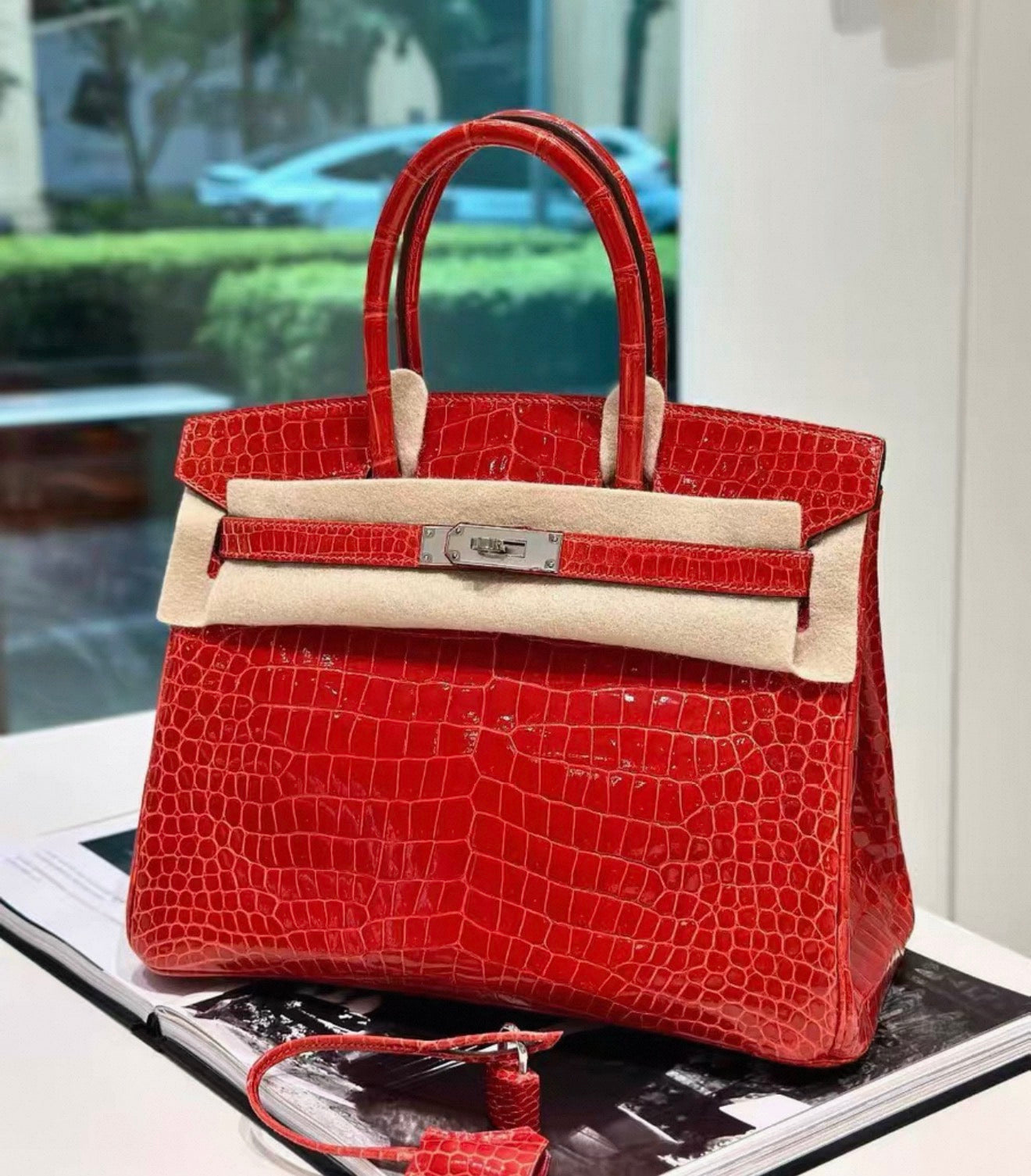 Hermes Birkin 30 Red Shiny crocodile leather Palladium hardware