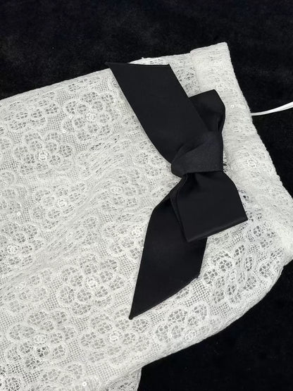 Chanel 24S White Sequined lace Camellia Bow Skirt