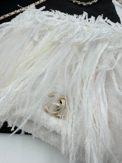 Chanel 25S Embroidered Tweed, Feathers, Imitation Pearls & Gold-Tone Metal Clutch in White