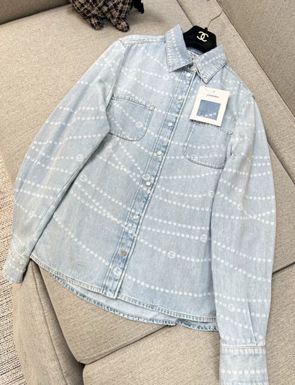 Chanel 25P printed washed denim blouse