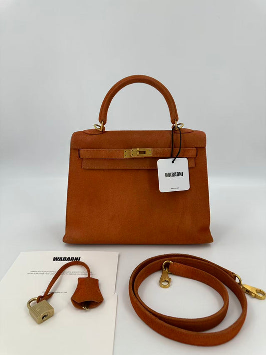 Hermes Kelly 25 Orange Doblis Suede Leather gold hardware