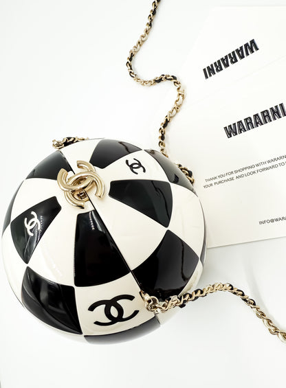 Chanel 23C Black & White Resin & Enamel Checker Sphere Minaudiere with Light Gold Hardware