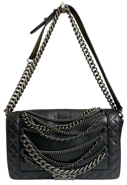 Chanel 13A Enchained Boy Bag Black Leather Old Medium Flap Bag