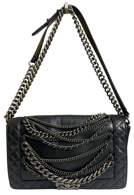 Chanel 13A Enchained Boy Bag Black Leather Old Medium Flap Bag