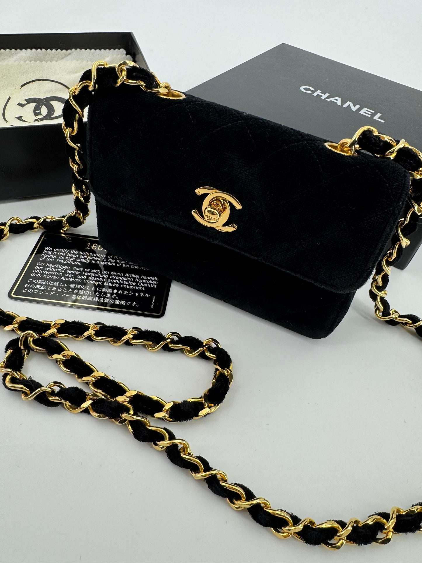 Chanel vintage Black velvet mini square flap bag with gold hardware