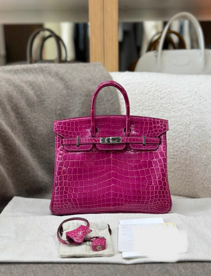 Hermès Birkin 25 Rose Mexico Shiny Porosus Crocodile Palladium Hardware