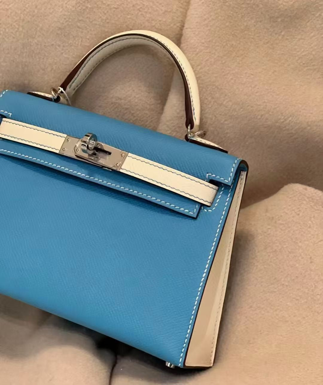 Hermes Mini Kelly 20 Craie / Bleu Du Nord Epsom Palladium hardware