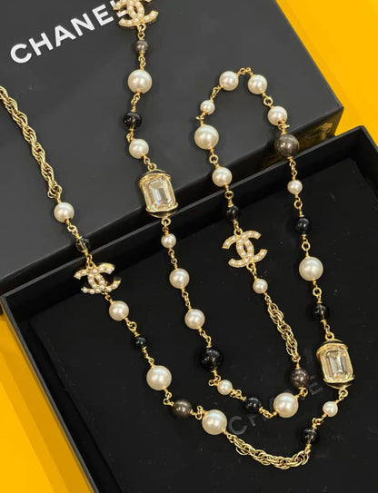 Chanel 22A Long Pearl CC Gem Stone Necklace