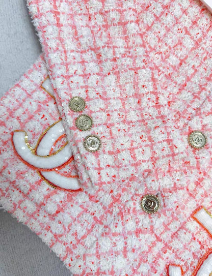 Chanel 24P pink and white double C pocket jacket