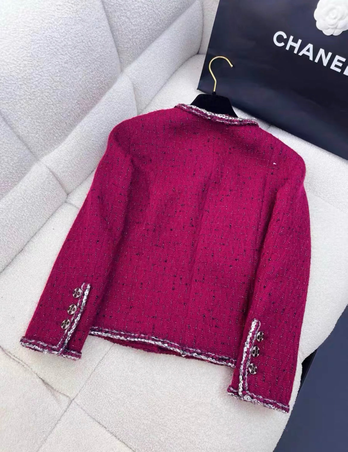 Chanel 22A Burgundy, Black & White Tweed Jacket size 36