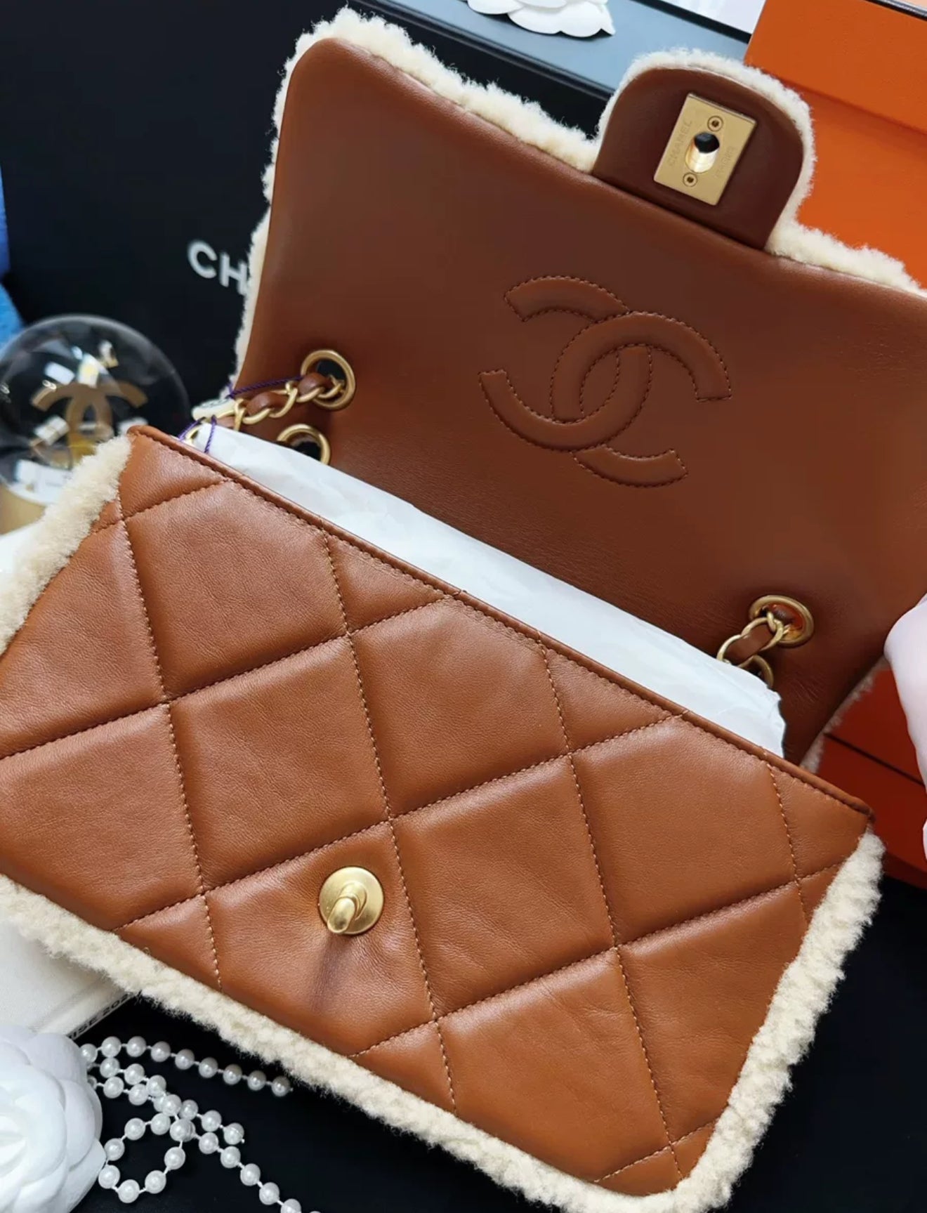 Chanel 24K shearling fur & Brown Leather flap bag