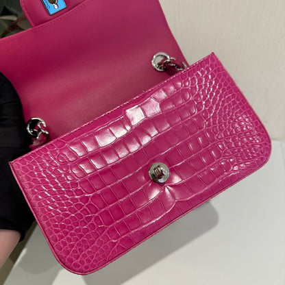 Chanel pink Alligator leather mini flap silver hardware
