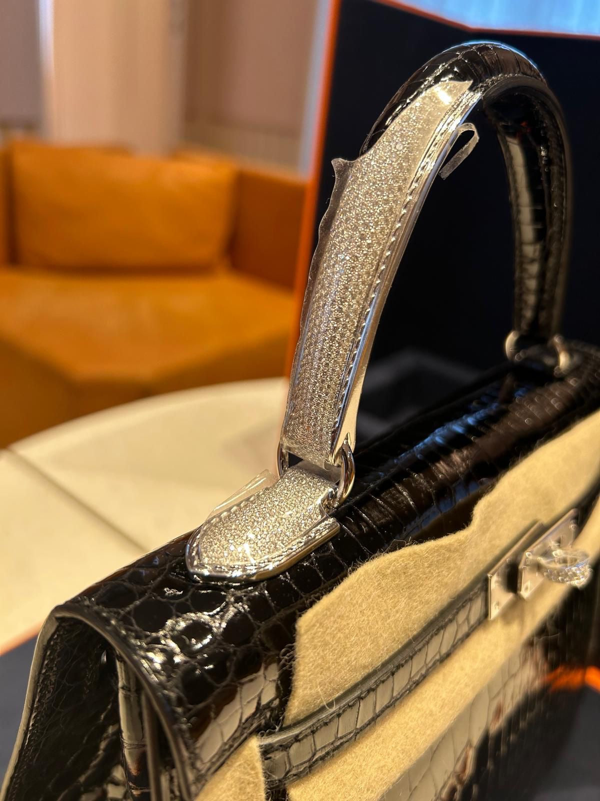 HERMES KELLY 25 MIDAS SHINY BLACK POROSUS CROCODILE SELLIER WITH 18K WHITE GOLD HARDWARE & DIAMOND HANDLE