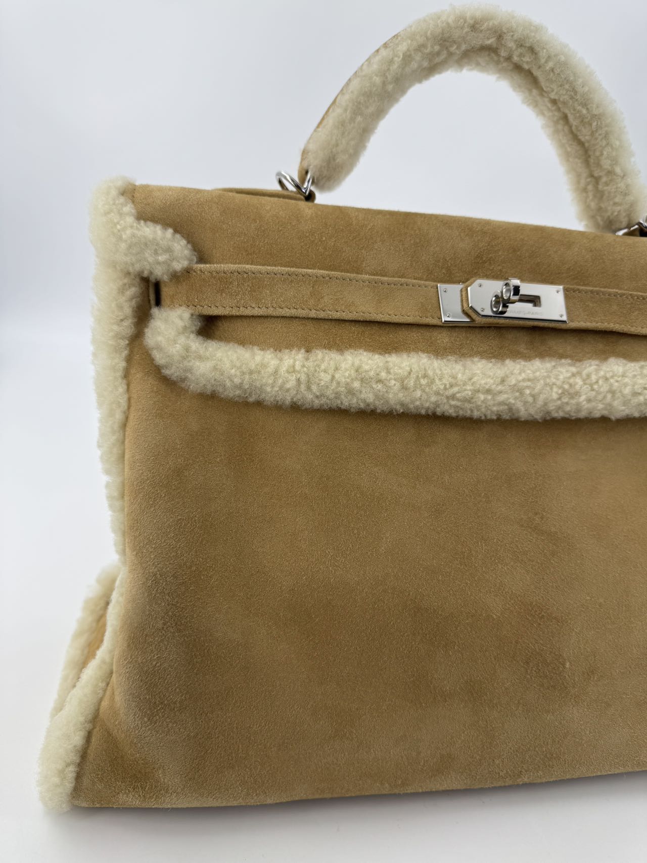 Hermes Kelly 40 Veau Doblis Suede Shearling Teddy Palladium Hardware