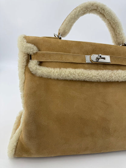 Hermes Kelly 40 Veau Doblis Suede Shearling Teddy Palladium Hardware