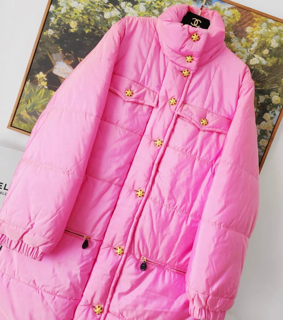 Rare Vintage Chanel by Karl Lagerfeld pink silk puffer coat with Gripoix buttons, fw 1996