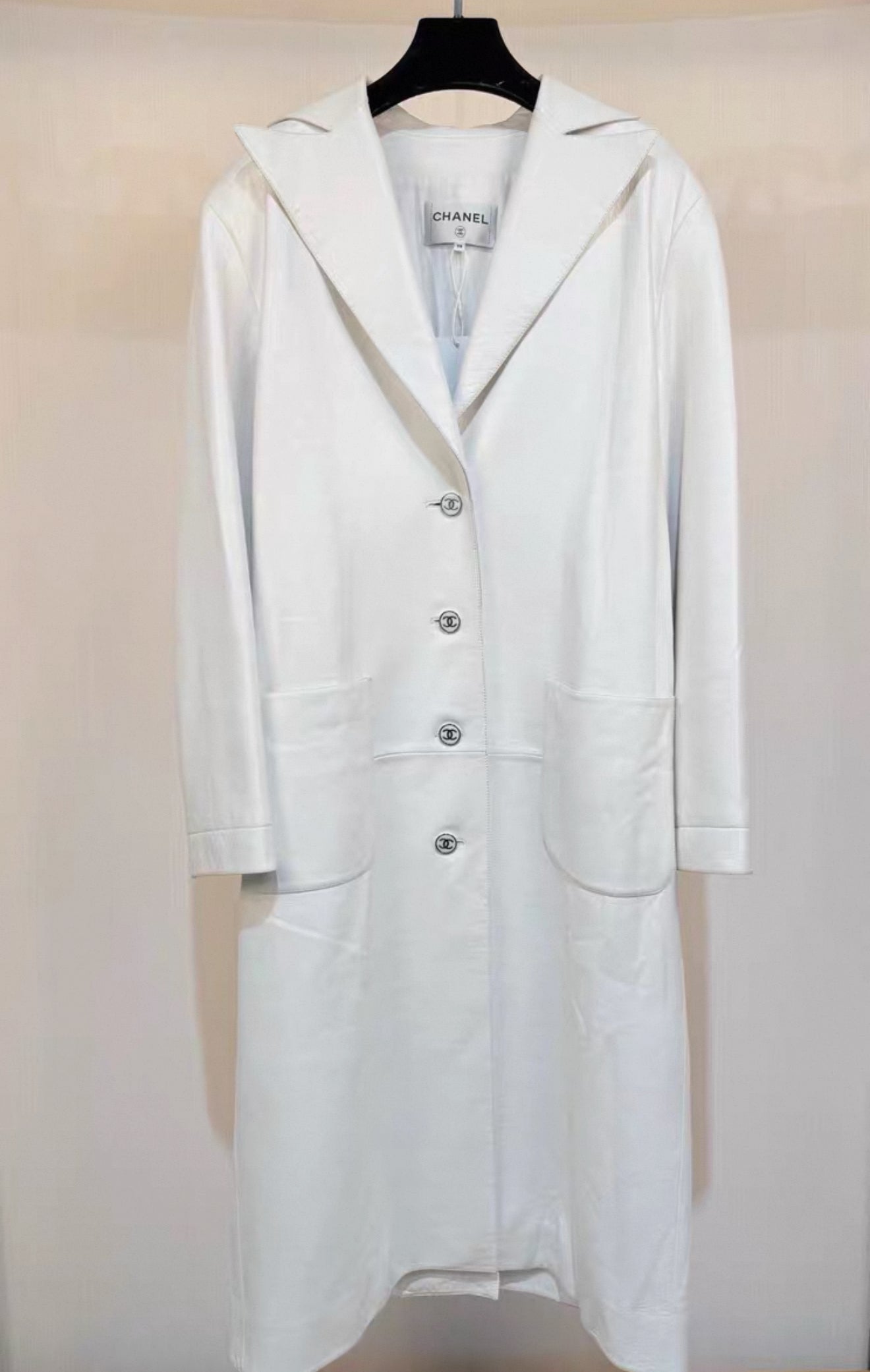 Chanel 23P Pearl White Lambskin Leather Trench Coat