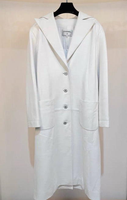 Chanel 23P Pearl White Lambskin Leather Trench Coat