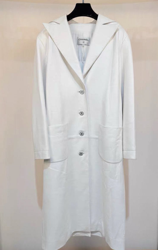 Chanel 23P Pearl White Lambskin Leather Trench Coat