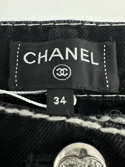 Chanel 24N Coco Neige Black and White Cartoon Border Wide-Leg Jeans Size 34