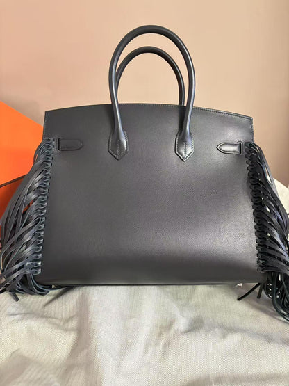 Hermès Birkin 35 Sellier Black Anate Fringe Evercolor leather Palladium Hardware