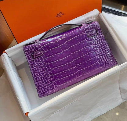 Hermes Kelly pochette Ultraviolet Shiny crocodile leather palladium hardware