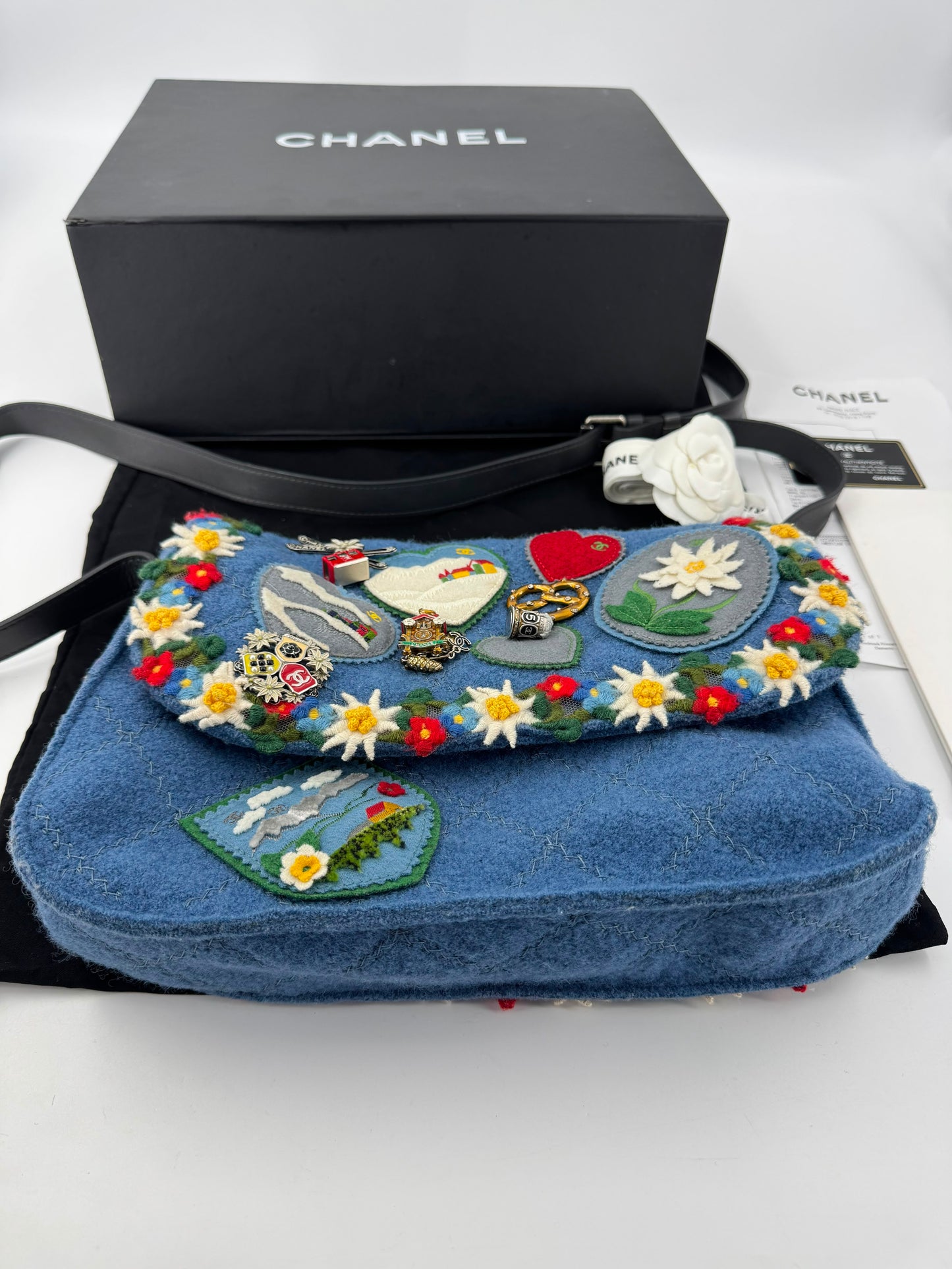 Limited edition Chanel 2015 Blue Fabric Paris-Salzburg Crest Austrian Embroidered Messenger Bag
