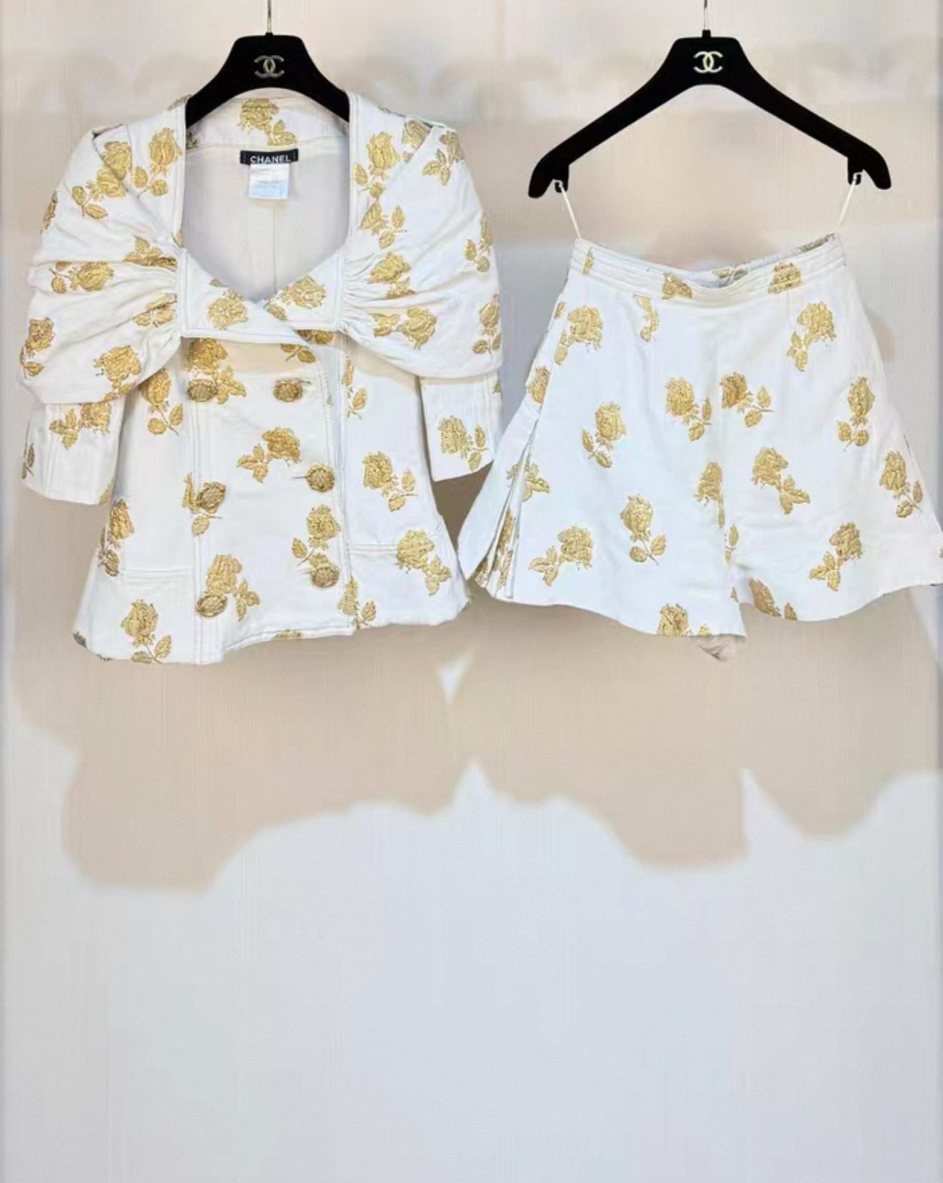 Chanel 2013 white and gold embroidered jacket and shorts set