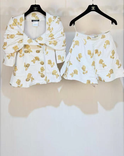 Chanel 2013 white and gold embroidered jacket and shorts set