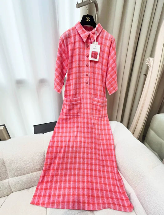Chanel 24S orange and pink plaid dress