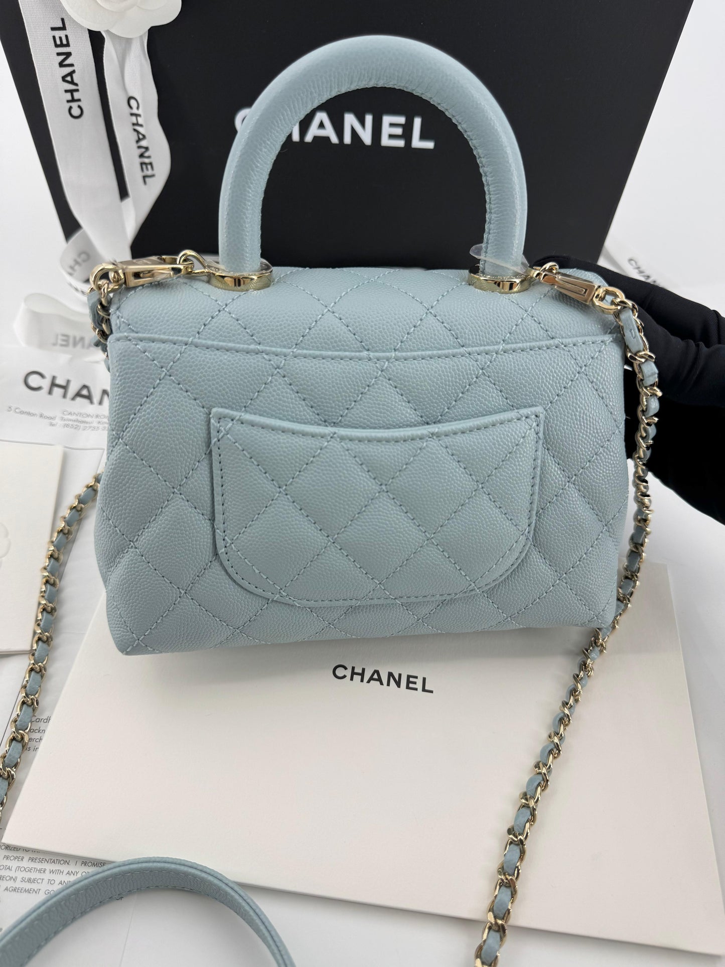 Chanel baby blue grained leather mini coco handle with light gold hardware