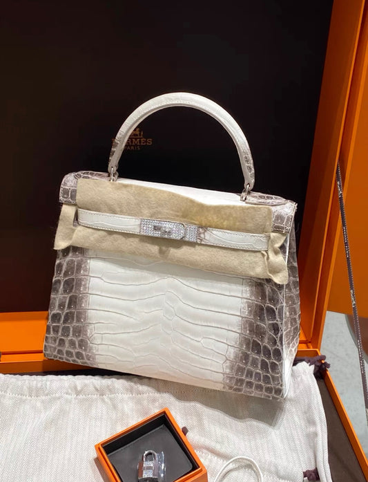 Hermes Kelly 28 Bag Diamond Himalaya Blanc Matte Niloticus Crocodile with 18k White Gold Hardware