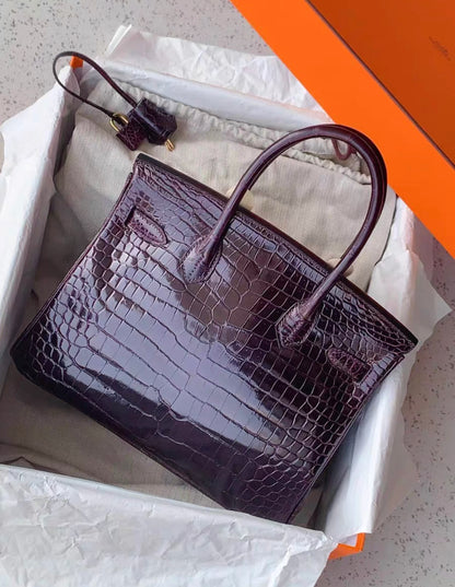 Hermes Birkin 30 Amethyst Shiny Crocodile Alligator Gold Hardware Handbag