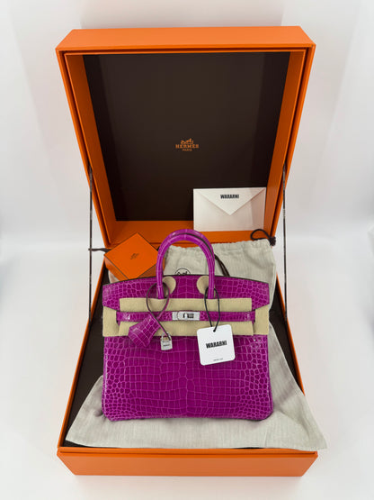 Hermes Birkin 25 rose scheherazade Crocodile Porosus white gold diamond hardware