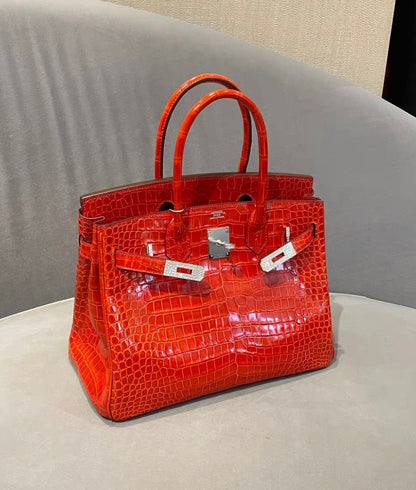 Hermès Birkin 30 Rouge Braise Shiny Porosus Crocodile 18K White Gold and Diamond Hardware