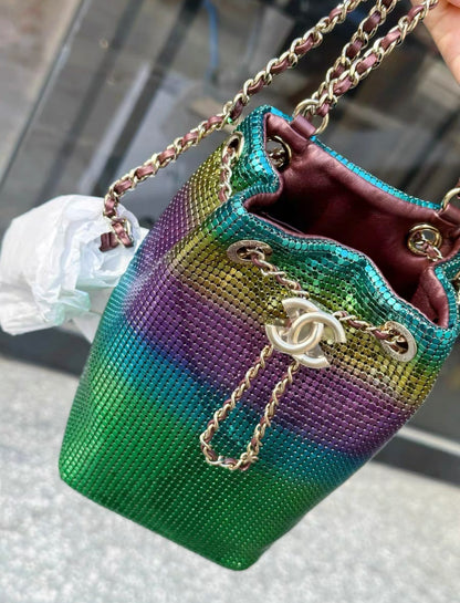 CHANEL MINI BUCKET BAG Faded Metallic Mesh & Gold-Tone Metal Multicolor