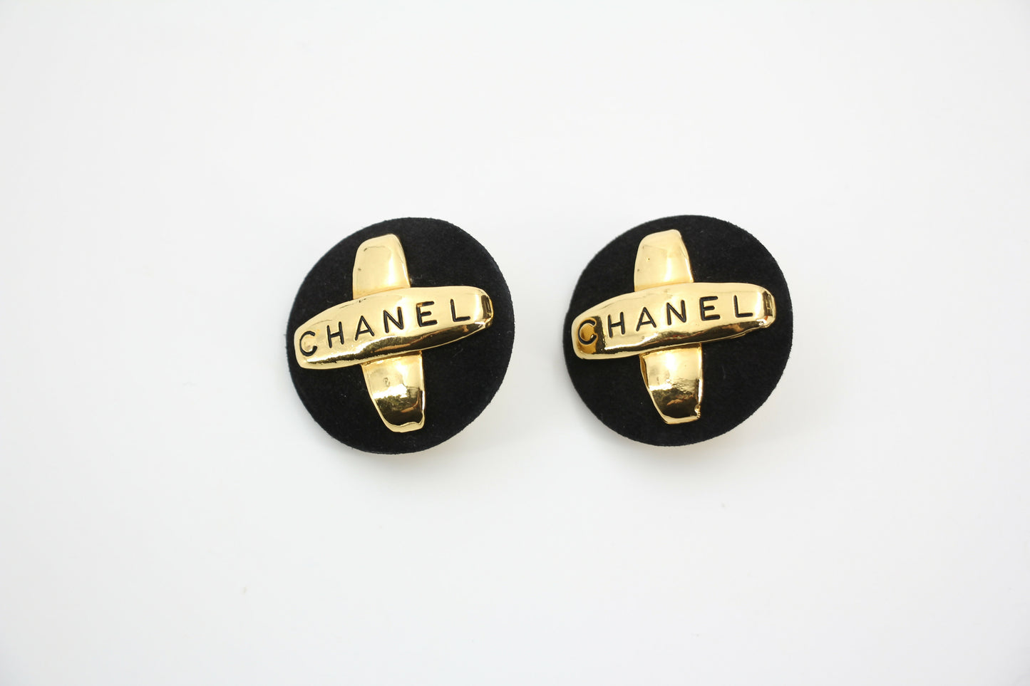 Chanel Vintage 91-92 Velvet Gold Plated Cross Large Round Black Earrings