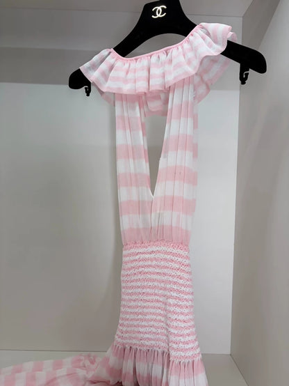 Chanel 24S Pink white Striped Dress