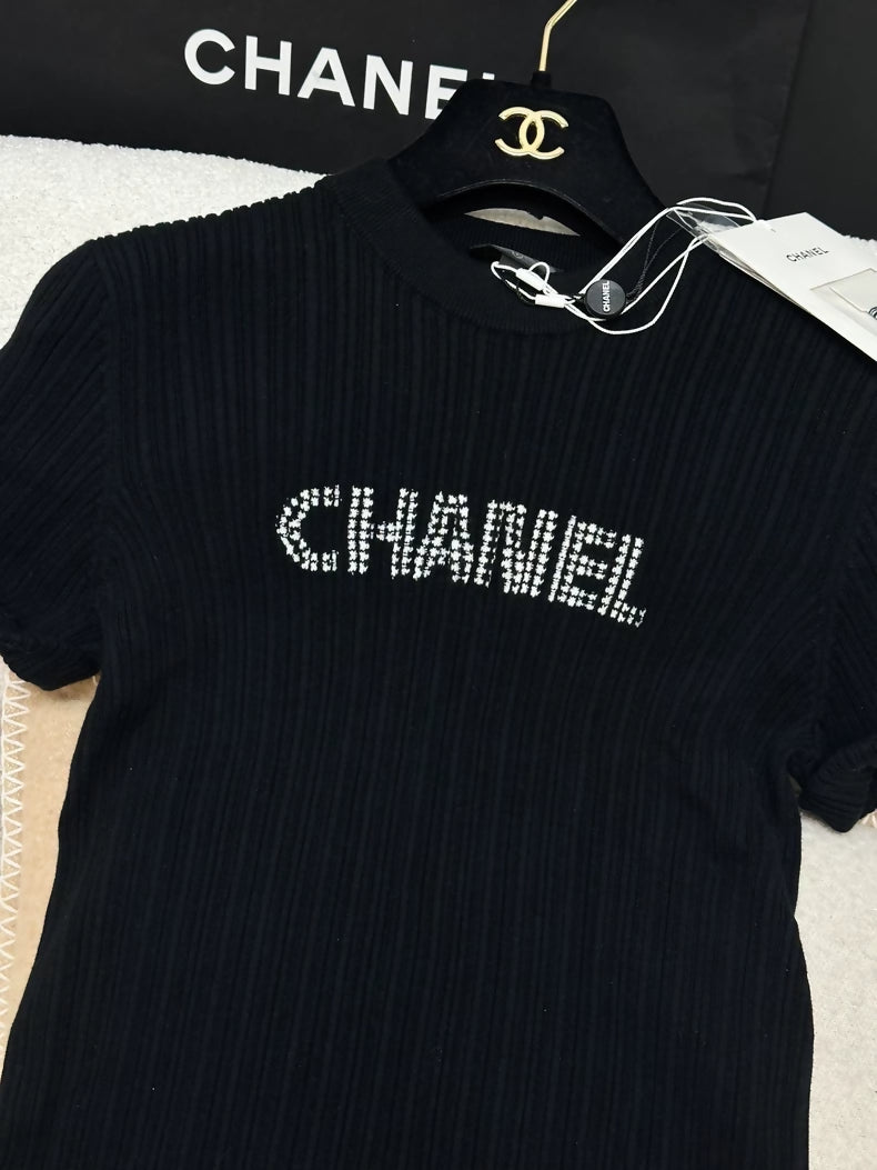 Chanel 21S black pleated CC knit t-shirt