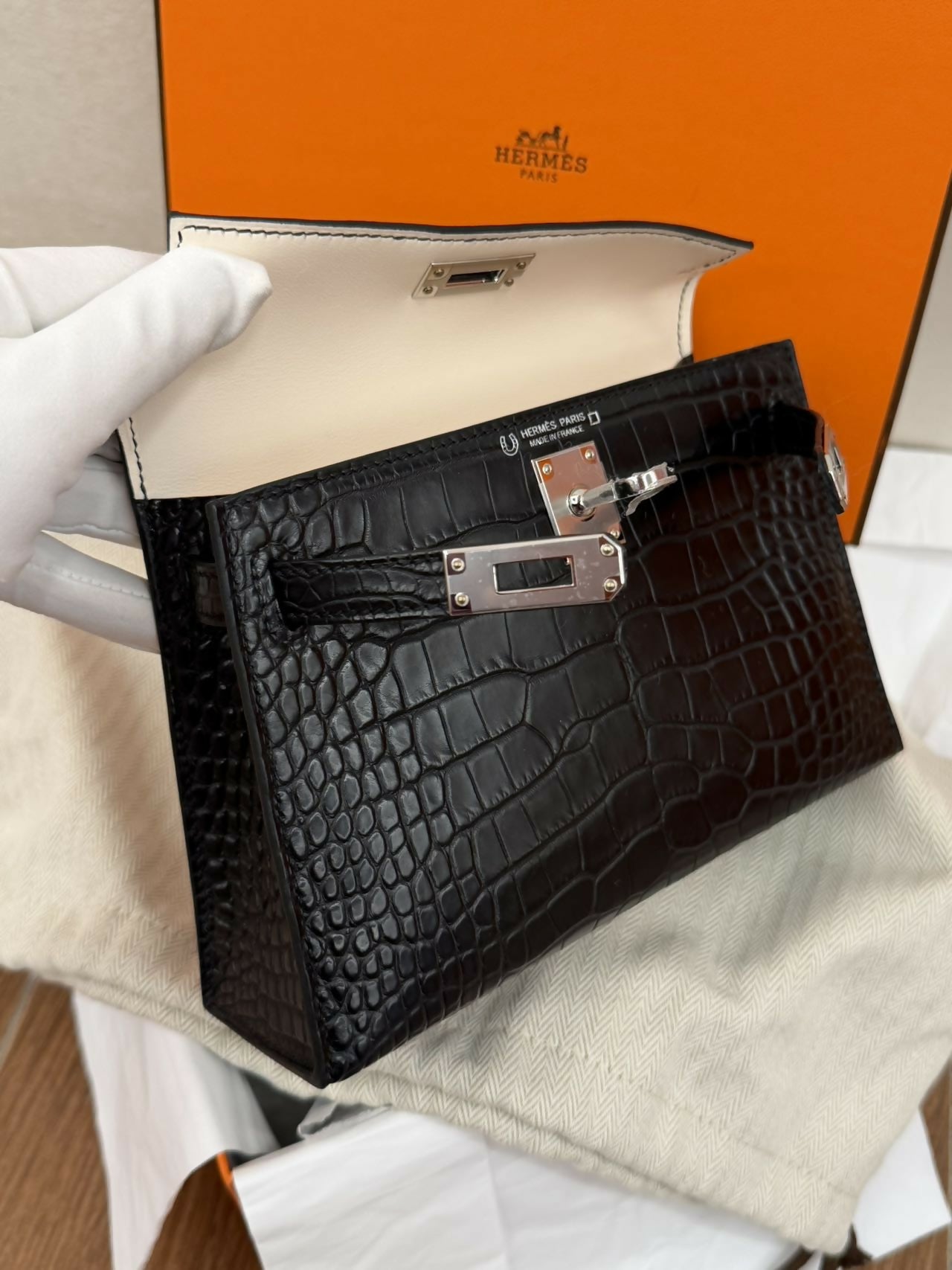 Hermès Mini Kelly II Noir & Nata Alligator Matte with Palladium Hardware